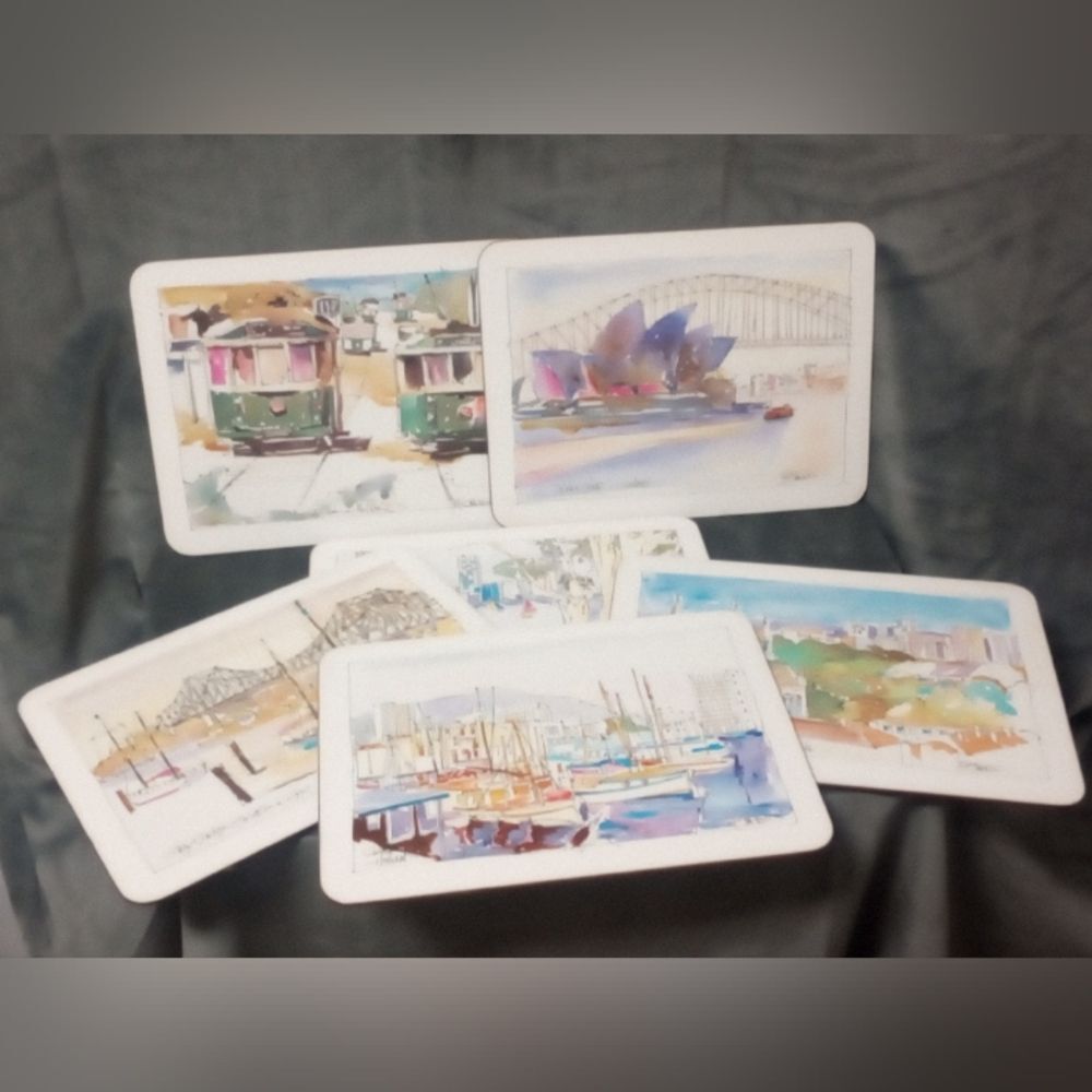 Vintage MCM Scenic Australian  Watercolor Placemats Set 11.5x8.5 EUC
